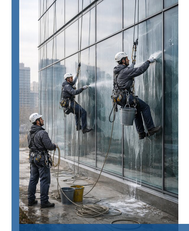 Промышленная мойка панорамных окон на высоте в Коркине