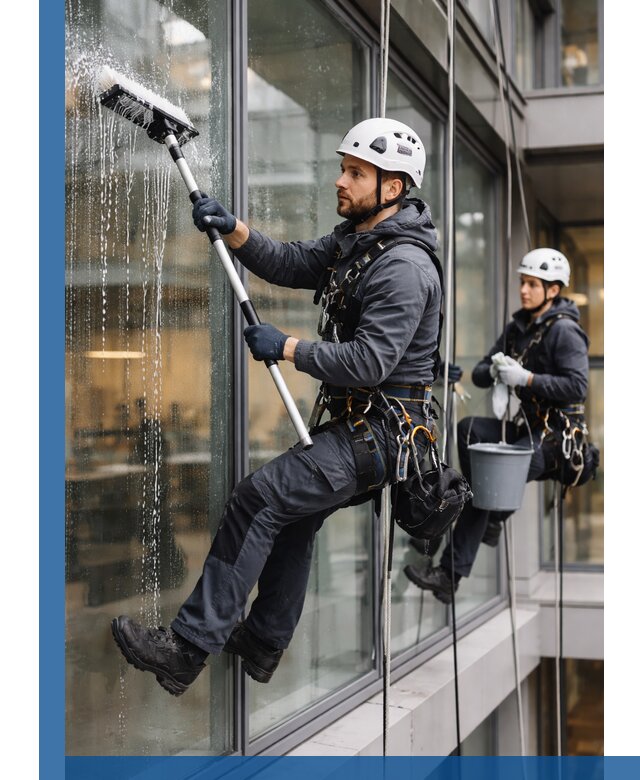 Профессиональная мойка витражей промышленными альпинистами в Коркине