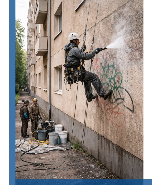 Удаление граффити с фасада в Коркине без следов и повреждений