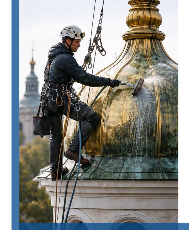 Профессиональная мойка куполов и шпилей высотными альпинистами в Коркине