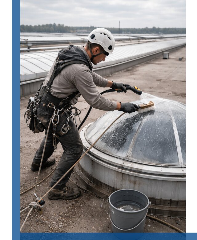 Мойка зенитных фонарей на кровле для промышленных объектов в Коркине