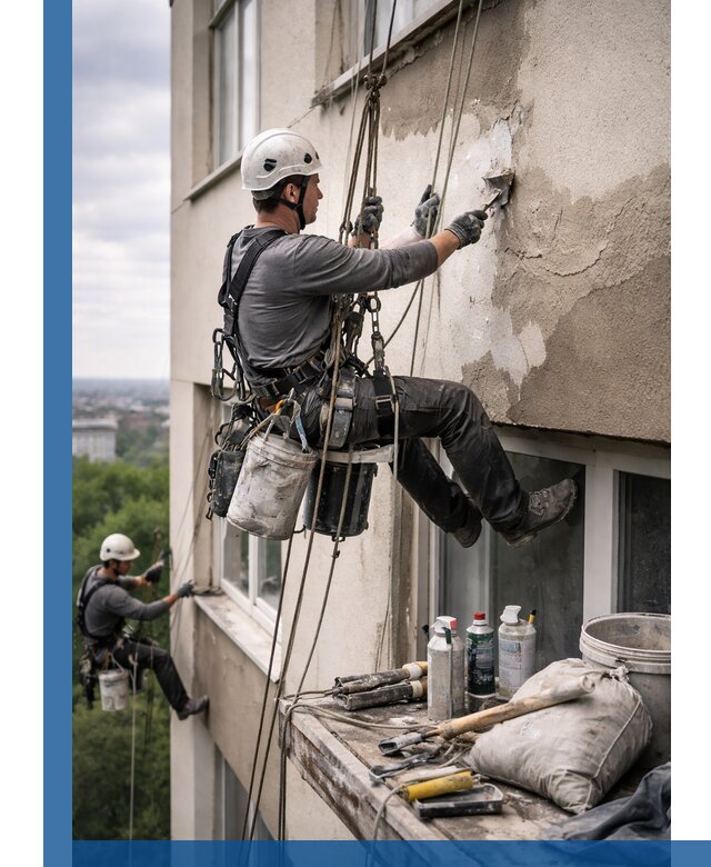 Косметический ремонт фасада зданий в Коркине промышленными альпинистами