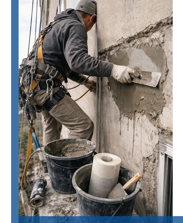 Ремонт бетонных элементов фасада промышленными альпинистами в Коркине