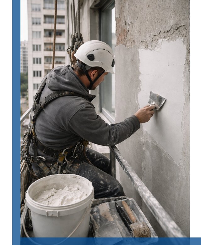 Шпаклевка фасадов на высоте с промальпинистами в Коркине