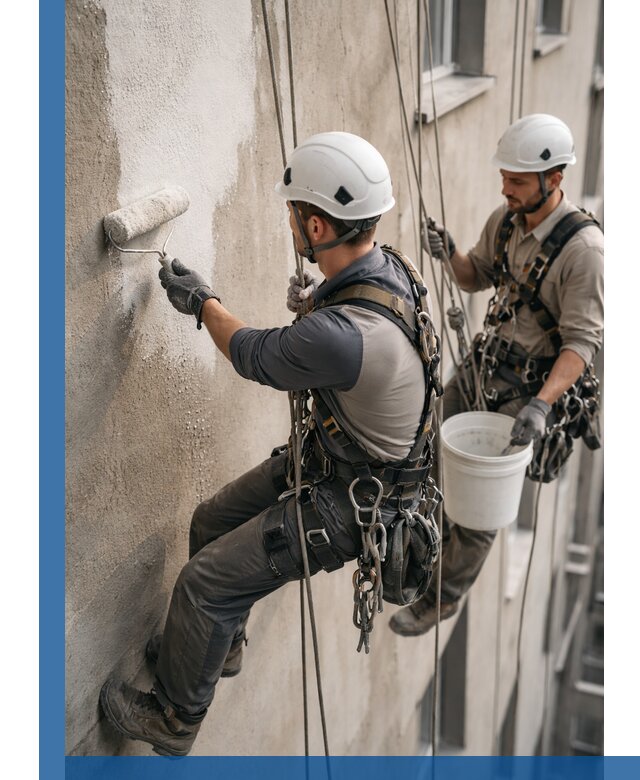 Грунтовка фасада на высоте в Коркине промышленными альпинистами