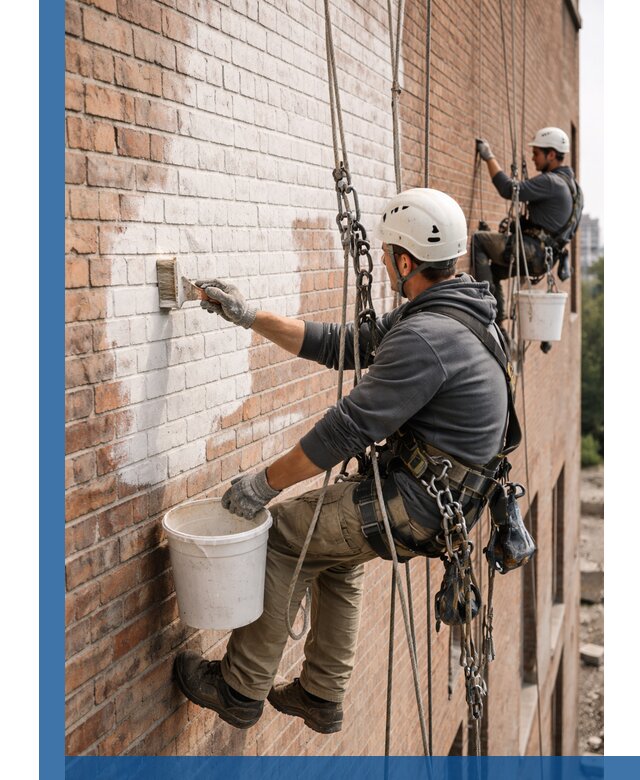 Покраска кирпичного фасада с доступным альпинистским сервисом в Коркине