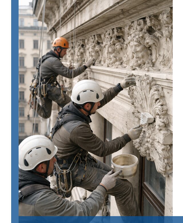 Реставрация фасадной лепнины с высотными работами в Коркине