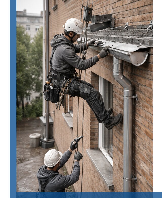 Монтаж водосточной системы на здании в Коркине под ключ