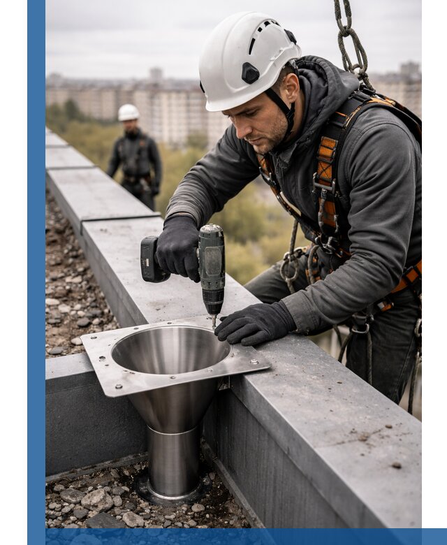 Монтаж водосточных воронок в Коркине для промышленных зданий