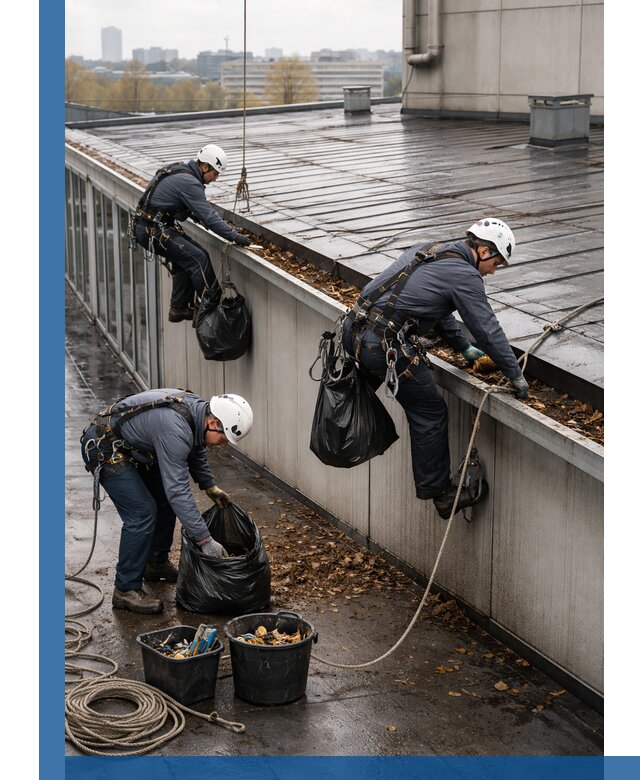 Очистка кровли по периметру в Коркине силами промышленных альпинистов