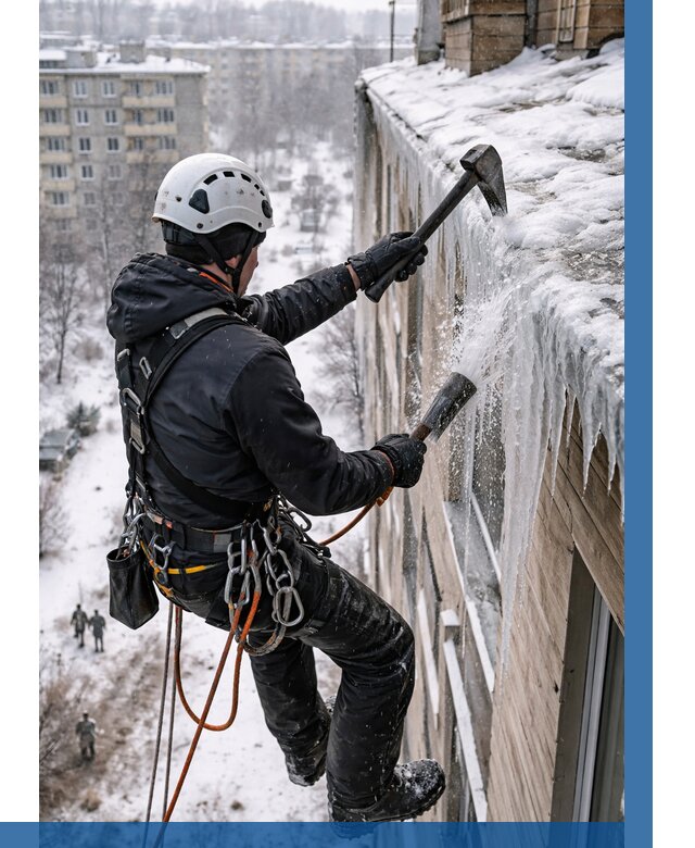 Сбивание сосулек с крыши в Коркине по цене от 4671 р. | ВЫСОТНИК-Крк