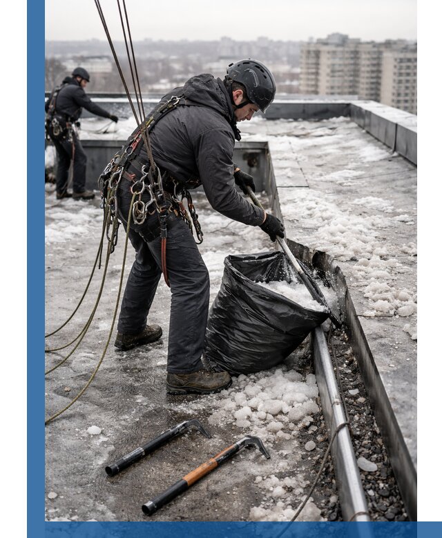 Аварийная очистка кровли в Коркине от промальпинистов