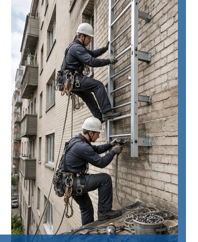 Монтаж пожарной лестницы в Коркине от 25953 р заказать у ВЫСОТНИК-Крк