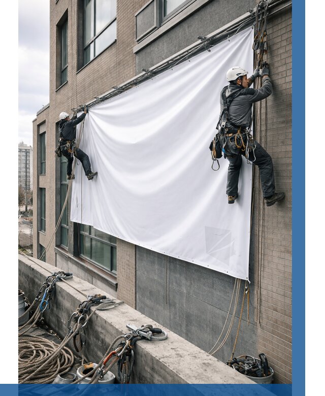 Монтаж баннеров на фасаде в Коркине от 675 р. заказать ВЫСОТНИК-Крк