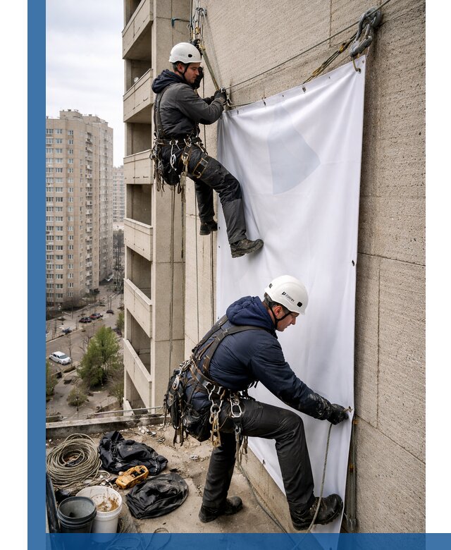 Профессиональный монтаж баннеров на фасаде в Коркине