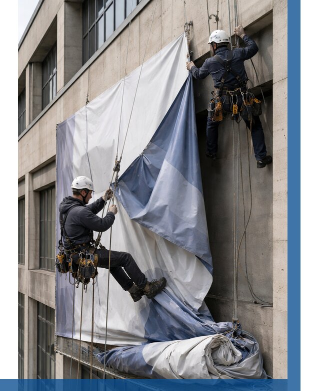 Демонтаж баннеров с фасада в Коркине от 4671 р. | ВЫСОТНИК-Крк