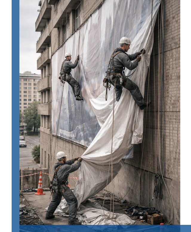 Демонтаж баннеров с фасада в Коркине оперативно и безопасно