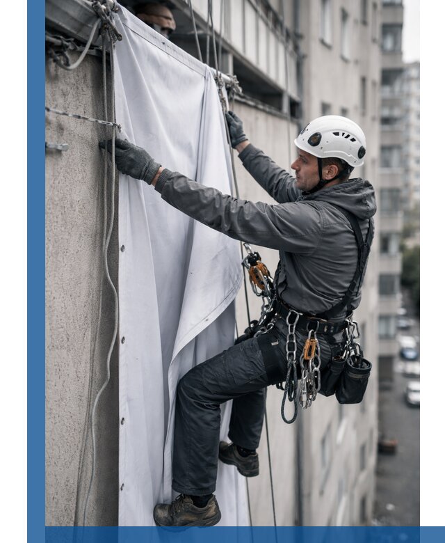 Замена баннерного полотна промышленными альпинистами в Коркине