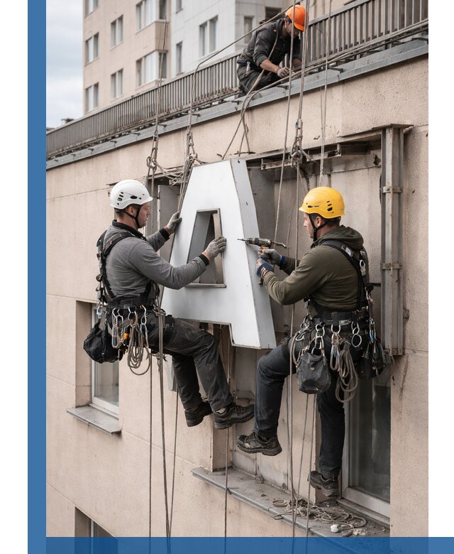 Ремонт и восстановление наружных вывесок на высоте в Коркине