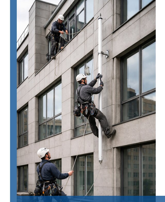 Монтаж флагштока на фасаде здания с креплением и герметикой в Коркине