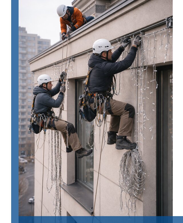 Монтаж праздничных гирлянд на фасаде в Коркине для зданий