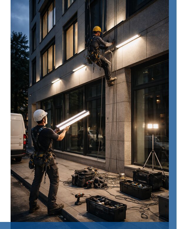 Монтаж архитектурной подсветки здания в Коркине от 2595 р.|ВЫСОТНИК-Крк