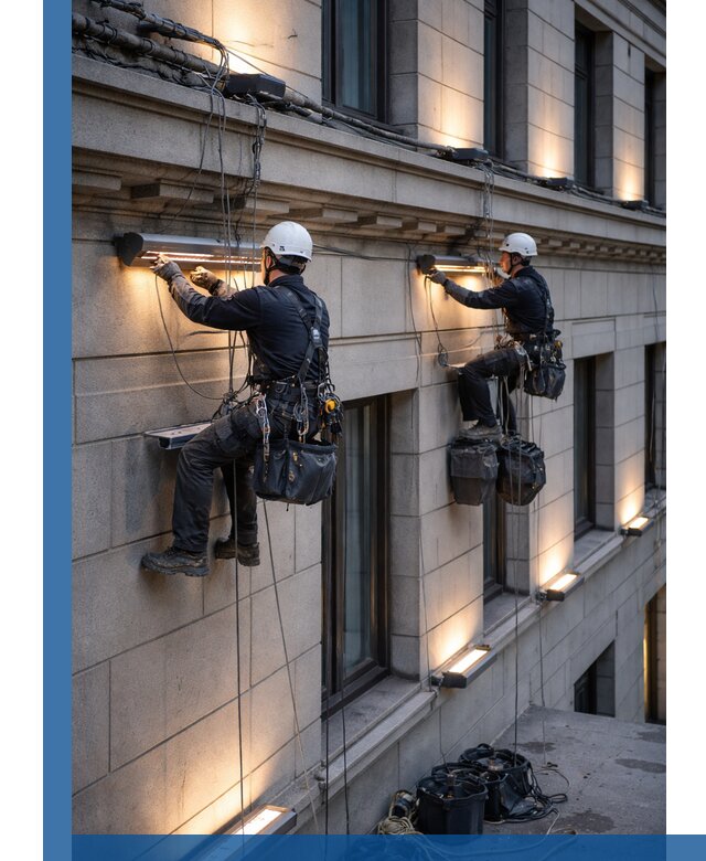 Монтаж архитектурной подсветки фасадов зданий в Коркине