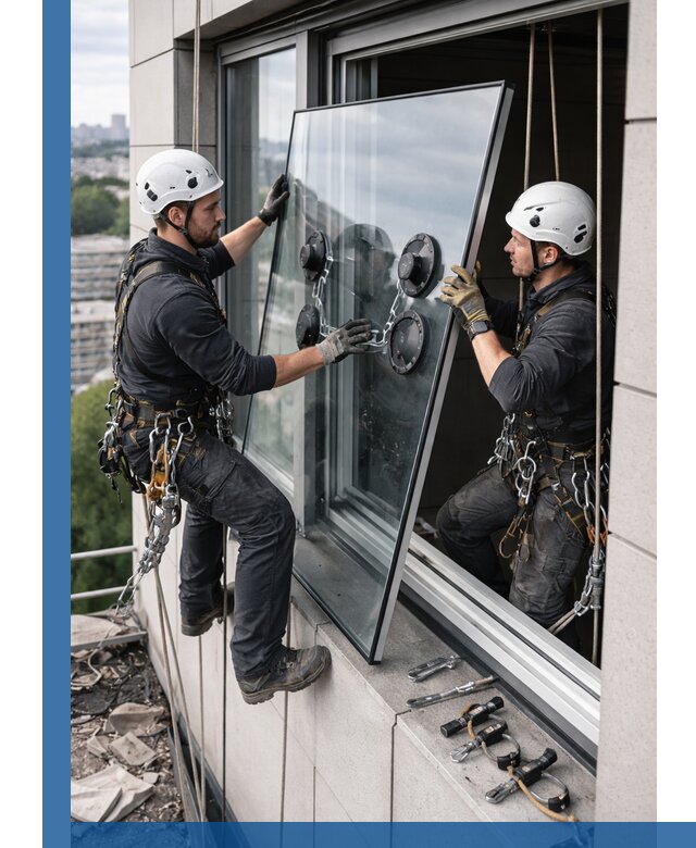 Замена стеклопакетов на высоте с промышленными альпинистами в Коркине