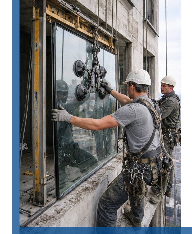 Монтаж стеклопакетов на высоте в Коркине с промышленным альпинизмом