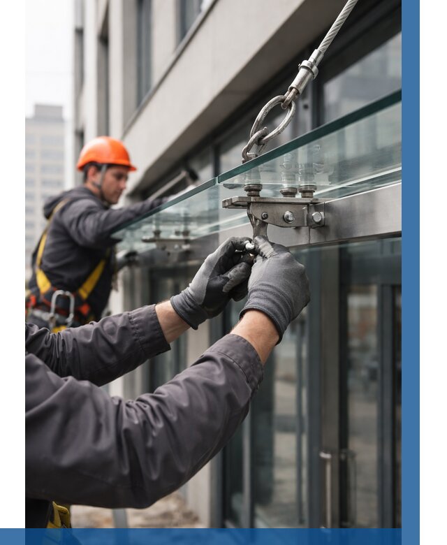 Монтаж стеклянных козырьков в Коркине от 8824 р. | ВЫСОТНИК-Крк