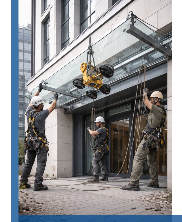 Монтаж стеклянных козырьков под ключ в Коркине для зданий