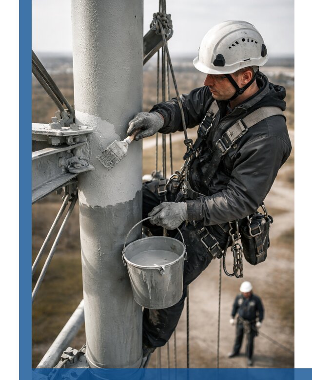 Покраска мачт связи в Коркине промышленными альпинистами