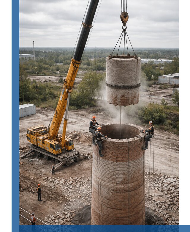 Демонтаж дымовой трубы в Коркине с гарантиями безопасности