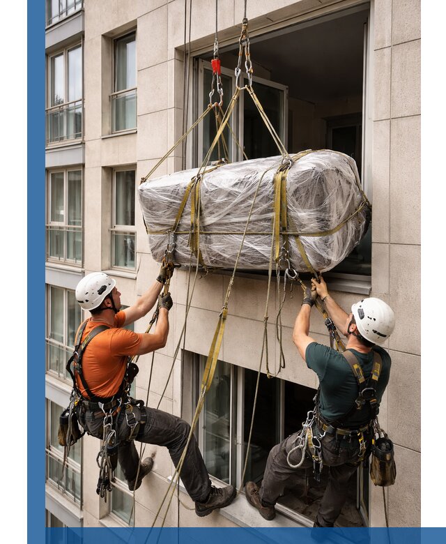 Подъем грузов через окно в Коркине промышленными альпинистами