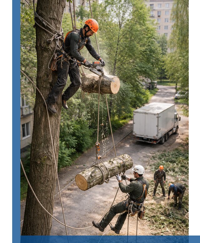 Спил деревьев альпинистами в Коркине, безопасно и без повреждений