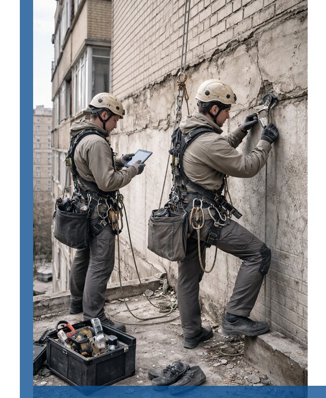 Обследование фасада промышленными альпинистами в Коркине